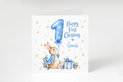 Personalised Baby Boy’s First Christmas Card – Blue Cute Bunny Design
