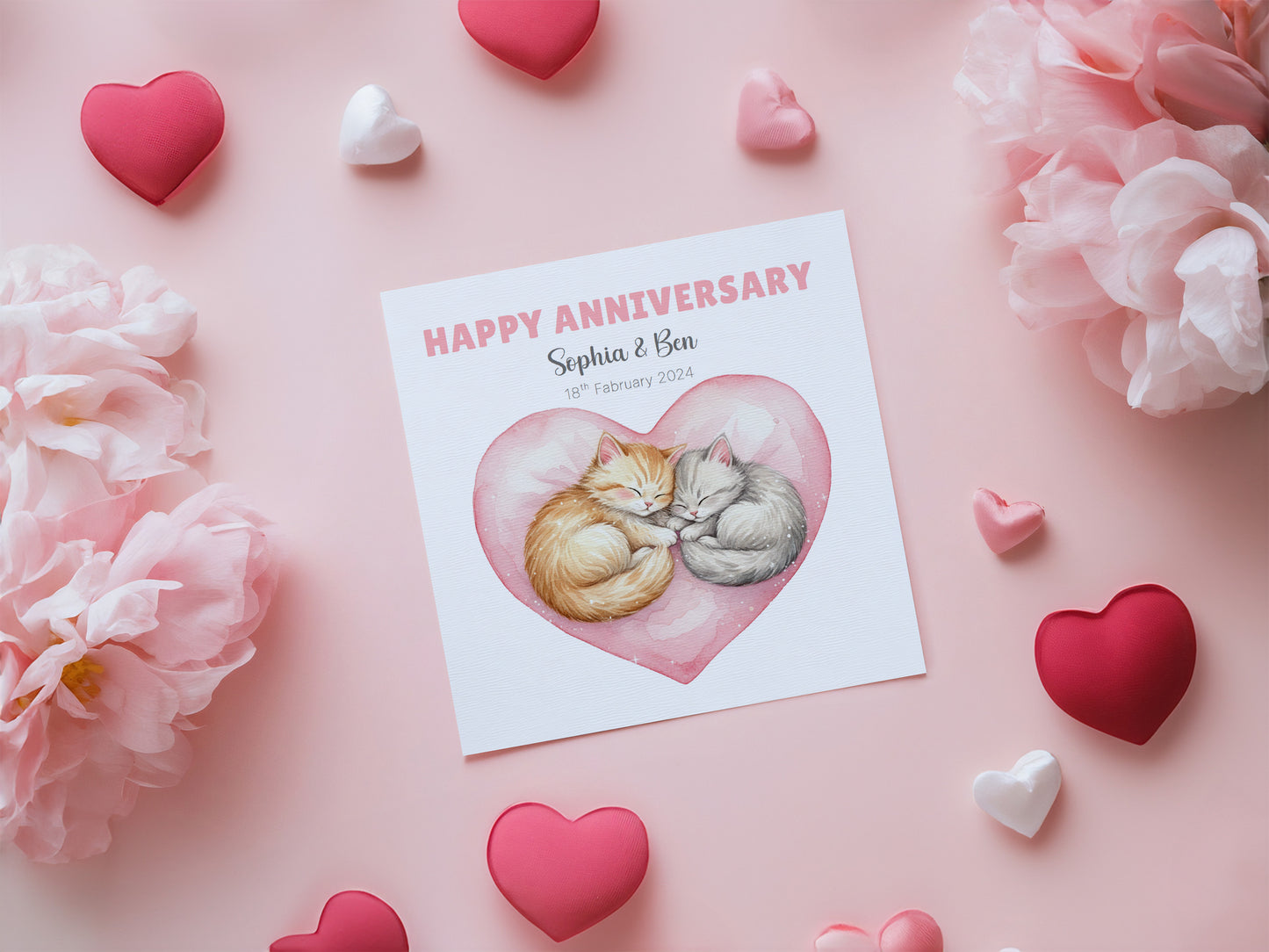Personalised Cute Cats Anniversary Card - Custom Couple Names & Date for Wedding, 1st, 2nd,10th, 20th - For Cat Lovers, Him, Her, Wife, Husband - Pink Envelope Included