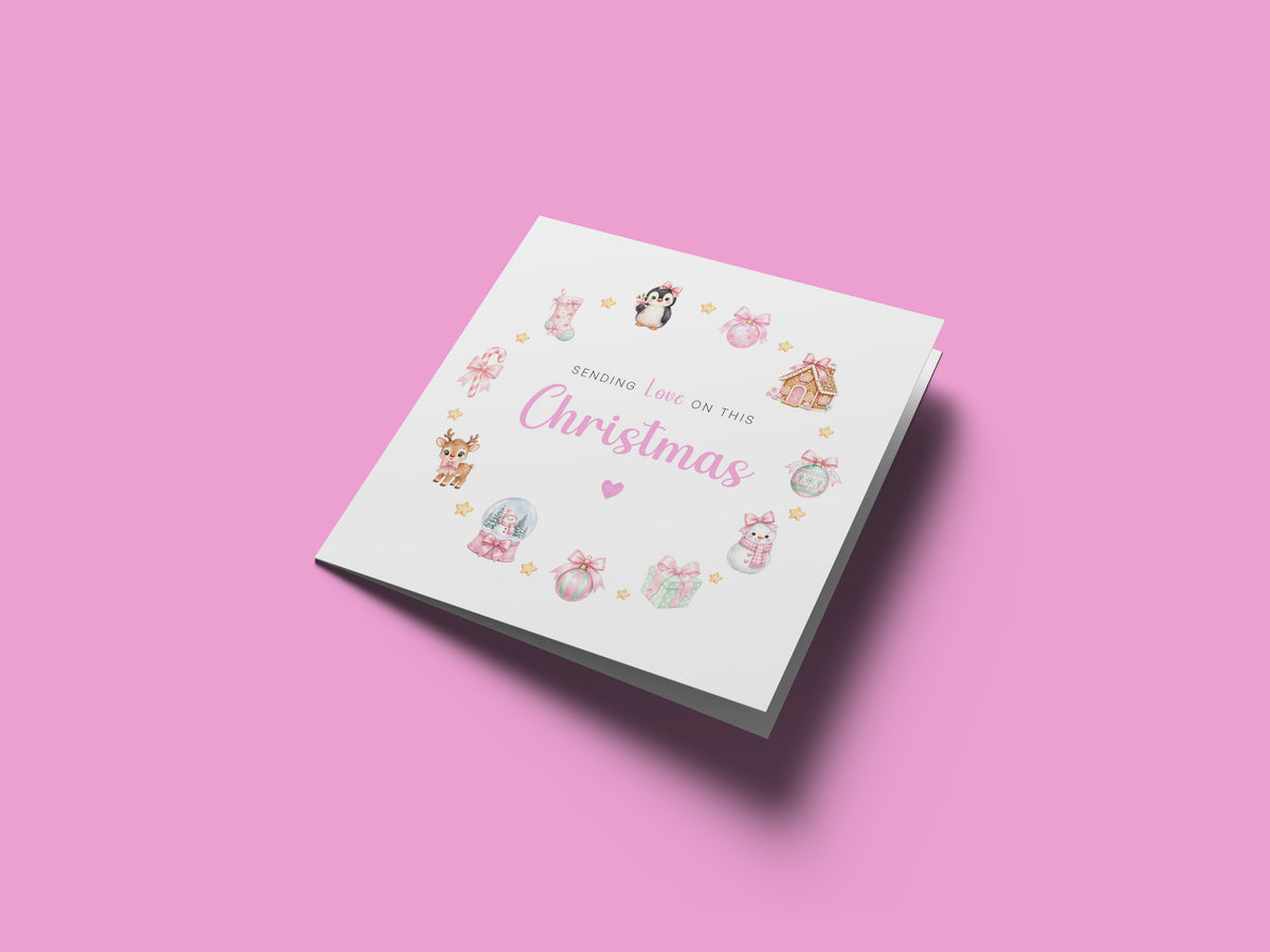 Pastel Pink Christmas Card for Girls – Cute Animals & Festive Xmas Design