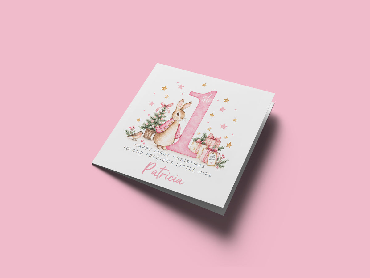 Personalised Christmas Card for Baby Girls – Cute Pink Rabbit and Number 1
