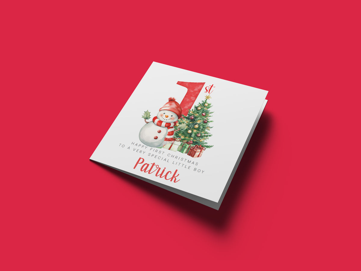 Personalised Baby Boy or Baby Girl's First Christmas Card – Snowman and Xmas Tree