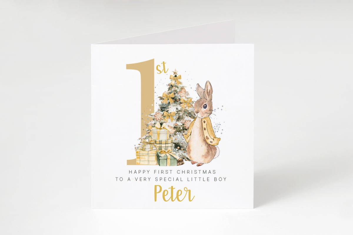 Personalised 1st Christmas Card for Baby Boy or Baby Girl – Golden Rabbit and Christmas Trees