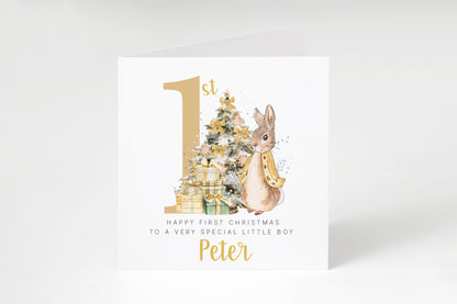 Personalised 1st Christmas Card for Baby Boy or Baby Girl – Golden Rabbit and Christmas Trees