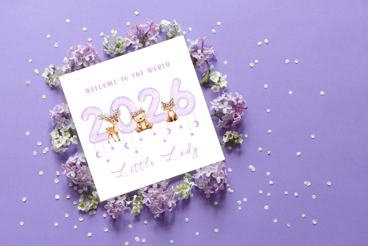 2026 New Baby Girl Card Congratulations for Newborn Daughter, Granddaughter, Niece, Welcome To The World, Baby Shower Card  - Cute Woodland Animals Design - Purple Envelope Included