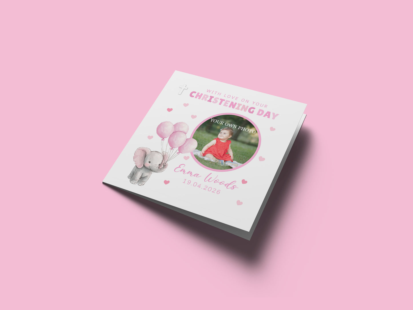 Personalised Photo Christening Card for Girl – Custom Baptism Card with Image, Name & Date - Pink Elepahnt Design – Religious Baptism Card for Girls, Daughter, Granddaughter, Niece with Pink Envelope