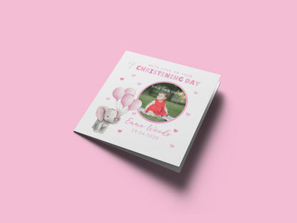 Personalised Photo Christening Card for Girl – Custom Baptism Card with Image, Name & Date - Pink Elepahnt Design – Religious Baptism Card for Girls, Daughter, Granddaughter, Niece with Pink Envelope