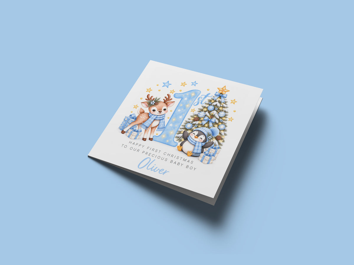 Personalised Baby Boy's 1st Christmas Card – Reindeer & Penguin