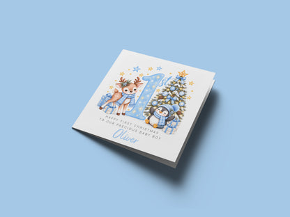 Personalised Baby Boy's 1st Christmas Card – Reindeer & Penguin