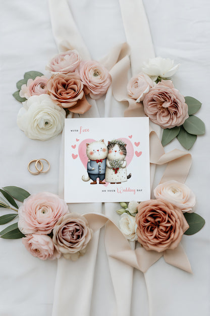 Cute Cat Wedding Card – Wedding Congratulations Card – Adorable Animal Wedding Card – Romantic Wedding Day Card for Newlywed couples, Cat Lovers, Him or Her – Pink Envelope Included