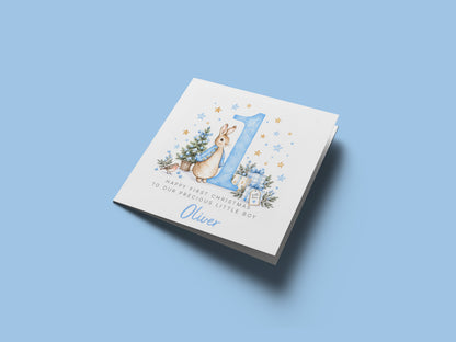 Personalised Christmas Card for Baby Boys – Cute Blue Rabbit and Number 1