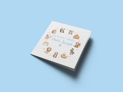 Personalised Godfather Proposal Card -  Will You Be My Godfather Card - Cute Animals Godfather Ask Card - Personalised Baptism Christening Day Proposal Card - Blue Envelope Included