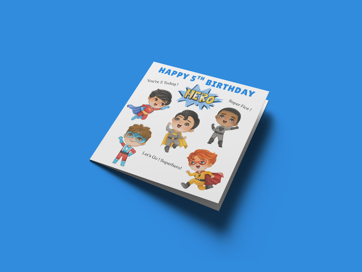 Superhero 5th Birthday Card for Boys – Superhero Characters Design for Age 5 Years Old, Fifth Birthday Kids, Little Birthday Hero, Son, Grandson, Nephew –  Blue Envelope Included
