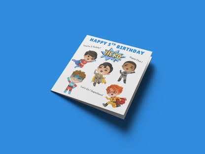 Superhero 5th Birthday Card for Boys – Superhero Characters Design for Age 5 Years Old, Fifth Birthday Kids, Little Birthday Hero, Son, Grandson, Nephew –  Blue Envelope Included