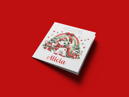 Personalised Christmas Card for Girls – Cute Magical Festive Unicorn