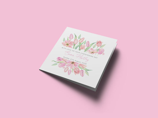 Personalised Christening Card for Girl – Custom Baptism Card with Name & Date - Pink Floral Design – Religious Baptism Card for Girls, Daughter, Granddaughter, Niece - Pink Envelope Included