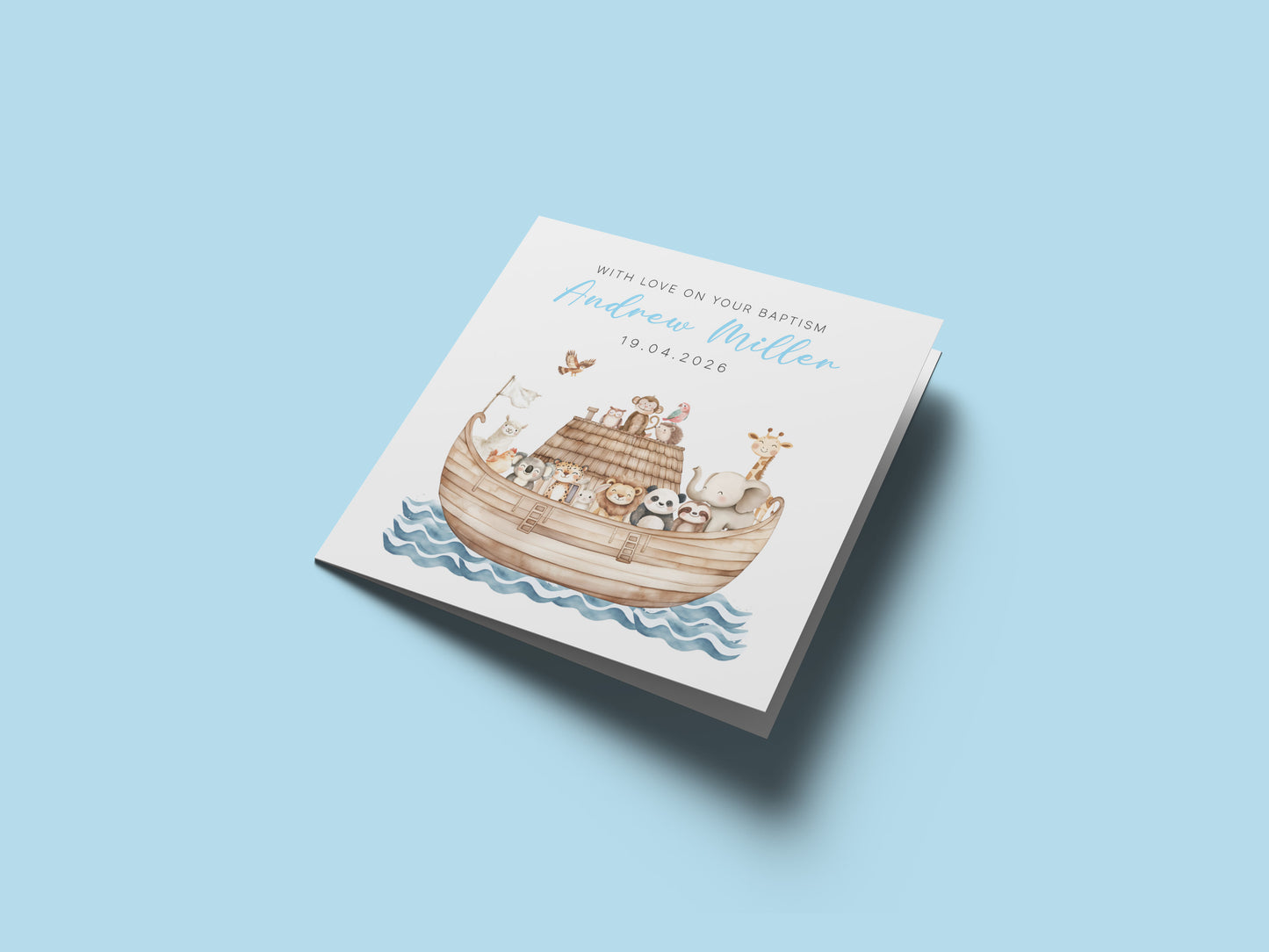 Personalised Christening Card for Boy – Custom Baptism Card with Name & Date - Noah's Ark and Cute Animals Design – Baptism Card for Boys, Son, Grandson, Nephew with Blue Envelope