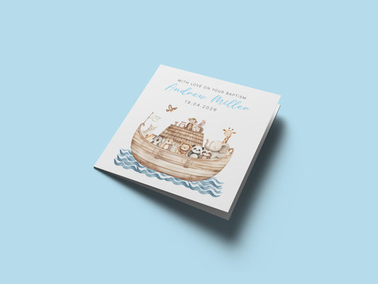 Personalised Christening Card for Boy – Custom Baptism Card with Name & Date - Noah's Ark and Cute Animals Design – Baptism Card for Boys, Son, Grandson, Nephew with Blue Envelope