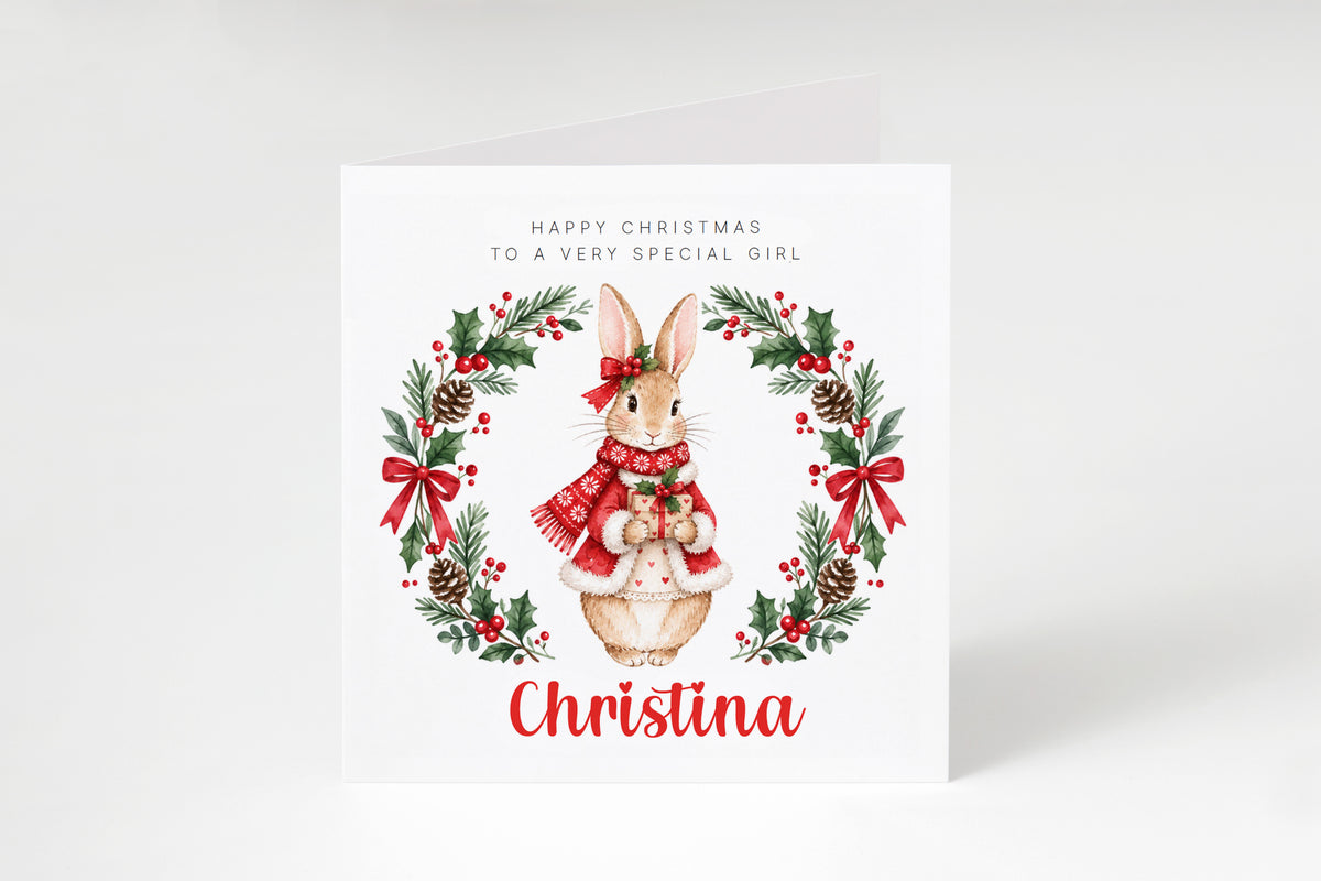 Personalised Christmas Card for Girls – Festive Bunny and Xmas Wreath