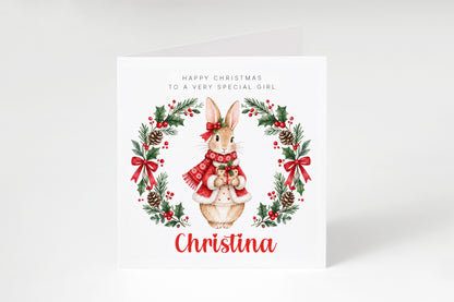 Personalised Christmas Card for Girls – Festive Bunny and Xmas Wreath