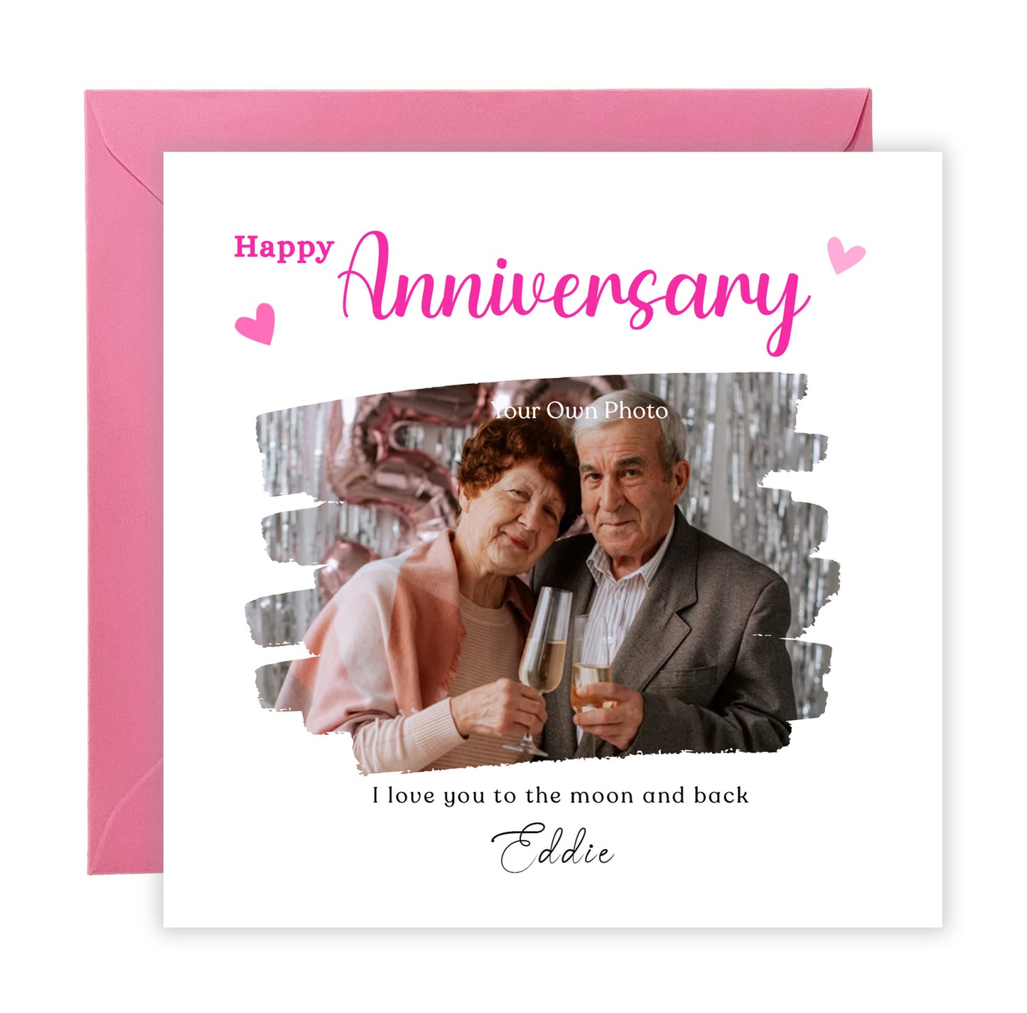 Personalised Photo Anniversary Card - Paintbrush Photo Frame Design - Custom Message, Name & Photo for Wedding, Relationship Milestone, Him, Her, Wife, Husband, Couple - Pink Envelope Included