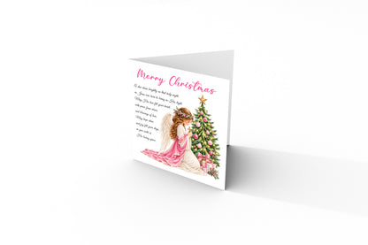 Angel & Christmas Tree Christian Christmas Card – Pink Watercolour Design