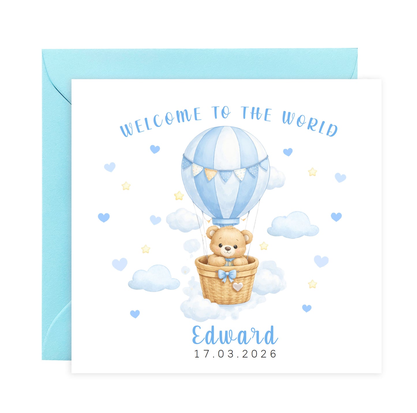 Personalised New Baby Boy Card Congratulations for Newborn Son, Grandson, Nephew, Welcome To The World Card - Teddy Bear with Hot Air Balloon Design with Custom Name and Date - Blue Envelope Included