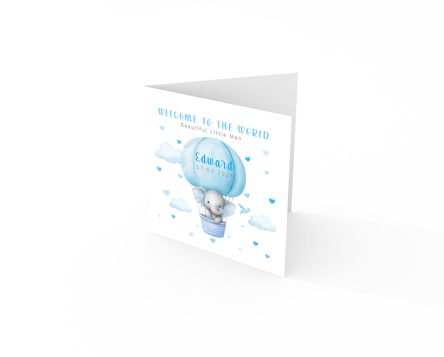 Personalised New Baby Boy Card Congratulations for Newborn Son, Grandson, Nephew, Welcome To The World Card - Elephant in a Hot Air Balloon Design with Custom Name and Date - Blue Envelope Included