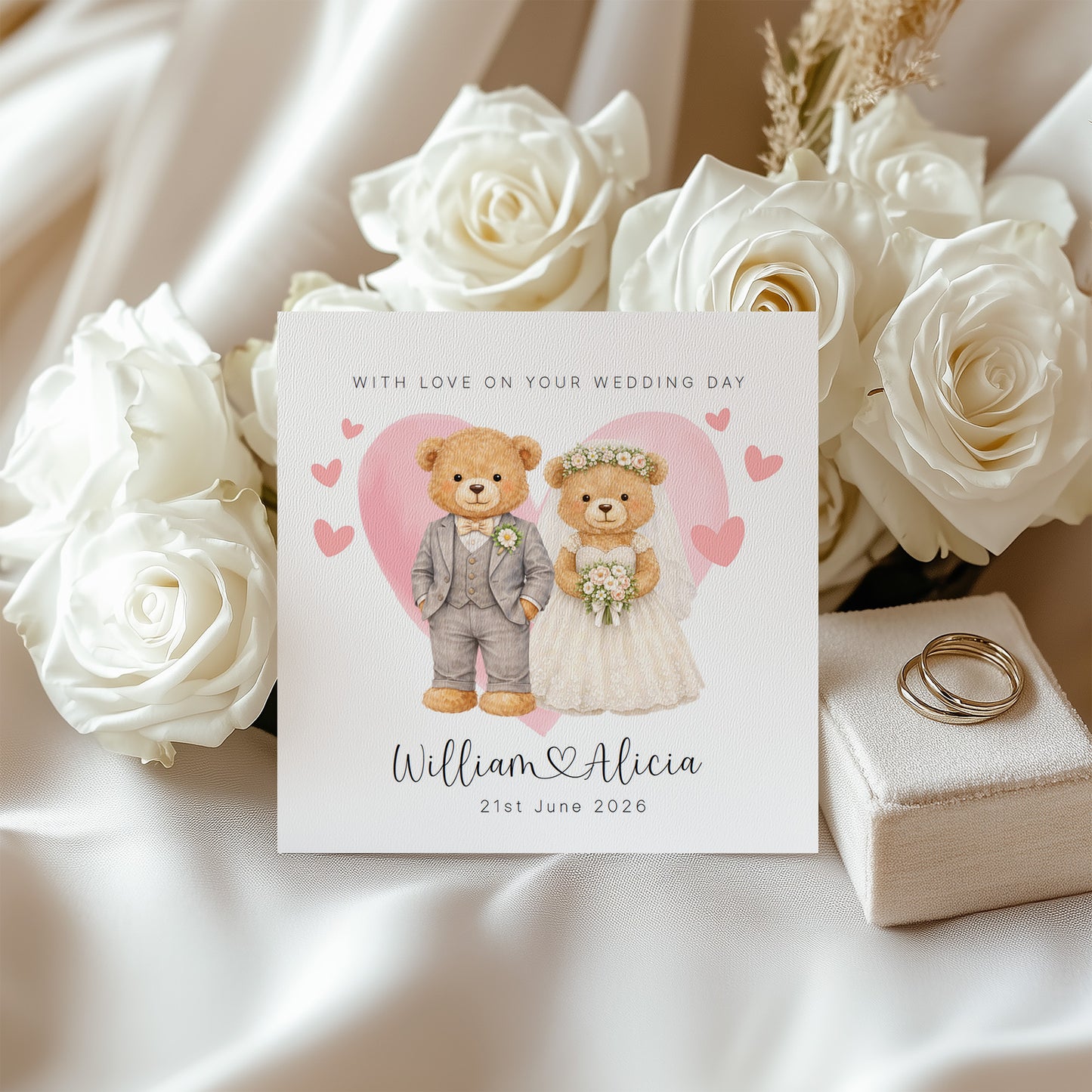 Personalised Wedding Card for Bride & Groom with Custom Names & Date -  Cute Teddy Bear Design Wedding Greeting Keepsake Card for Him or Her - Pink Envelope Included