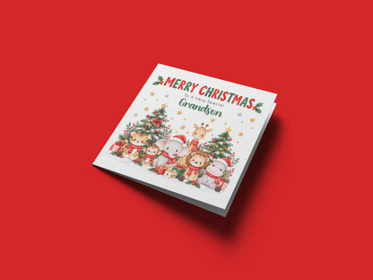 Jungle Animals Christmas Card for Grandson - Cute Safari Animals Design