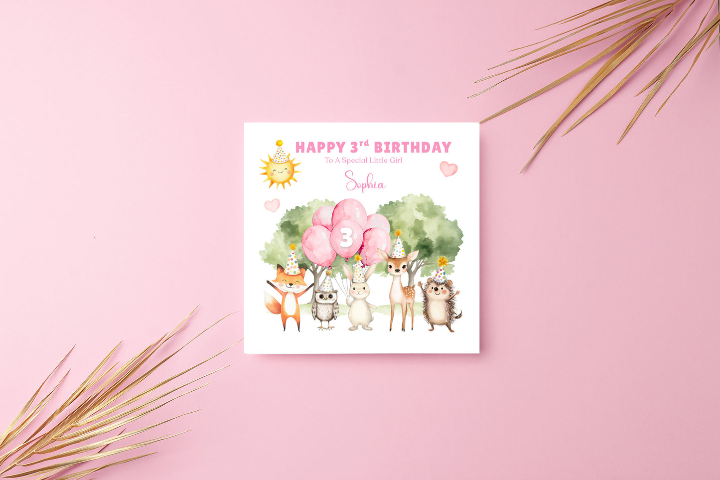Personalised 3 Years Old 3rd Birthday Card for Toddler Girl – Woodland Animal Design with Custom Name & Message - Age 3 Year Old Birthday Card for Daughter, Granddaughter, Niece with Pink Envelope