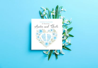 Personalised New Baby Boy Card – Congratulations On Becoming Mum & Dad, Auntie & Uncle, Grandpa & Grandma – Blue Baby Feet design - Blue Envelope Included