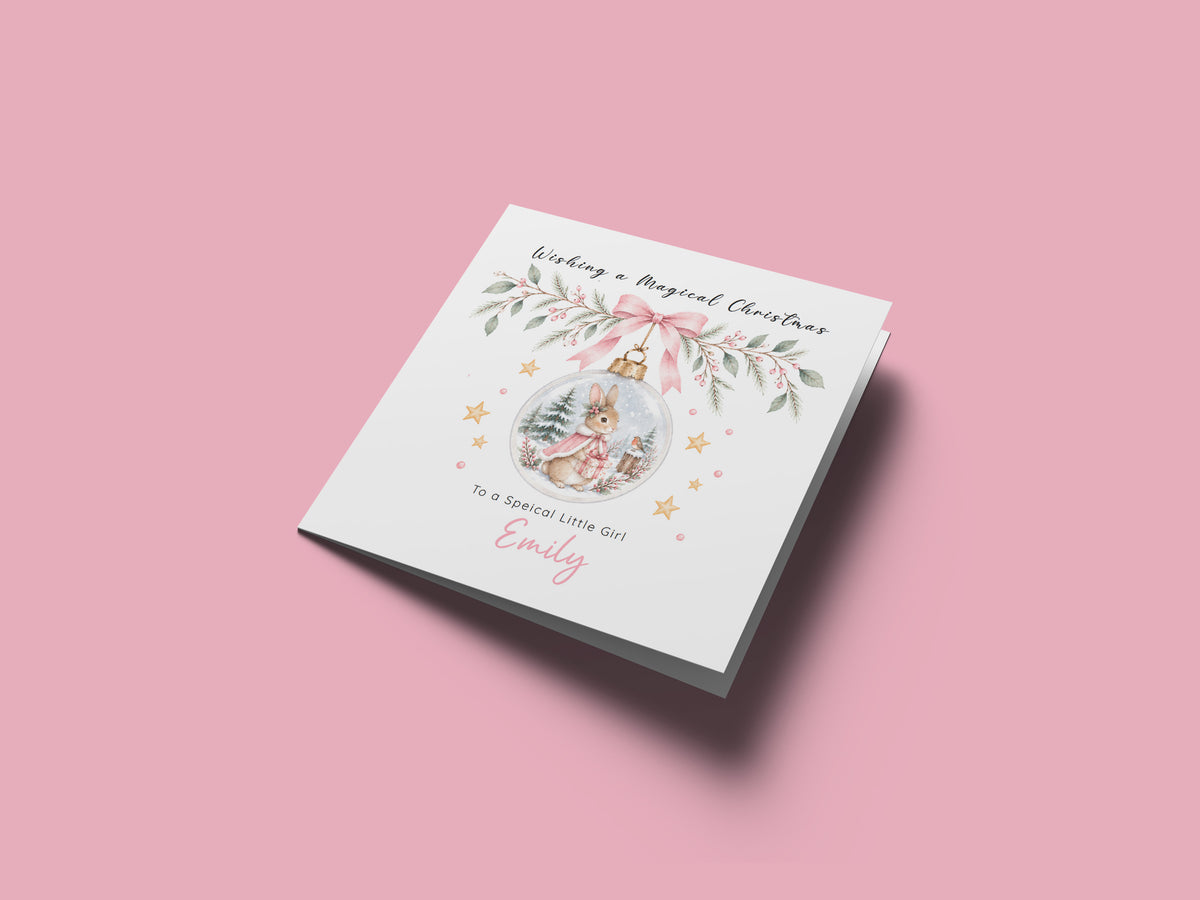 Personalised Christmas Card for Girls – Bunny in a Christmas Bauble