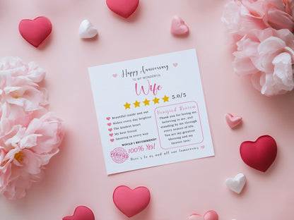 Funny Anniversary Card for Her - 5 Star Review Anniversary Card for Wife, Wedding, Dating, Relationship Milestones 1st, 2nd, 3rd, 5th, 10th, 20th 30th - Pink Envelope Included