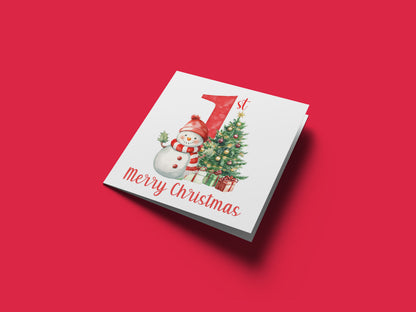 Happy Baby Boy or Baby Girl's First Christmas Card – Snowman and Xmas Tree