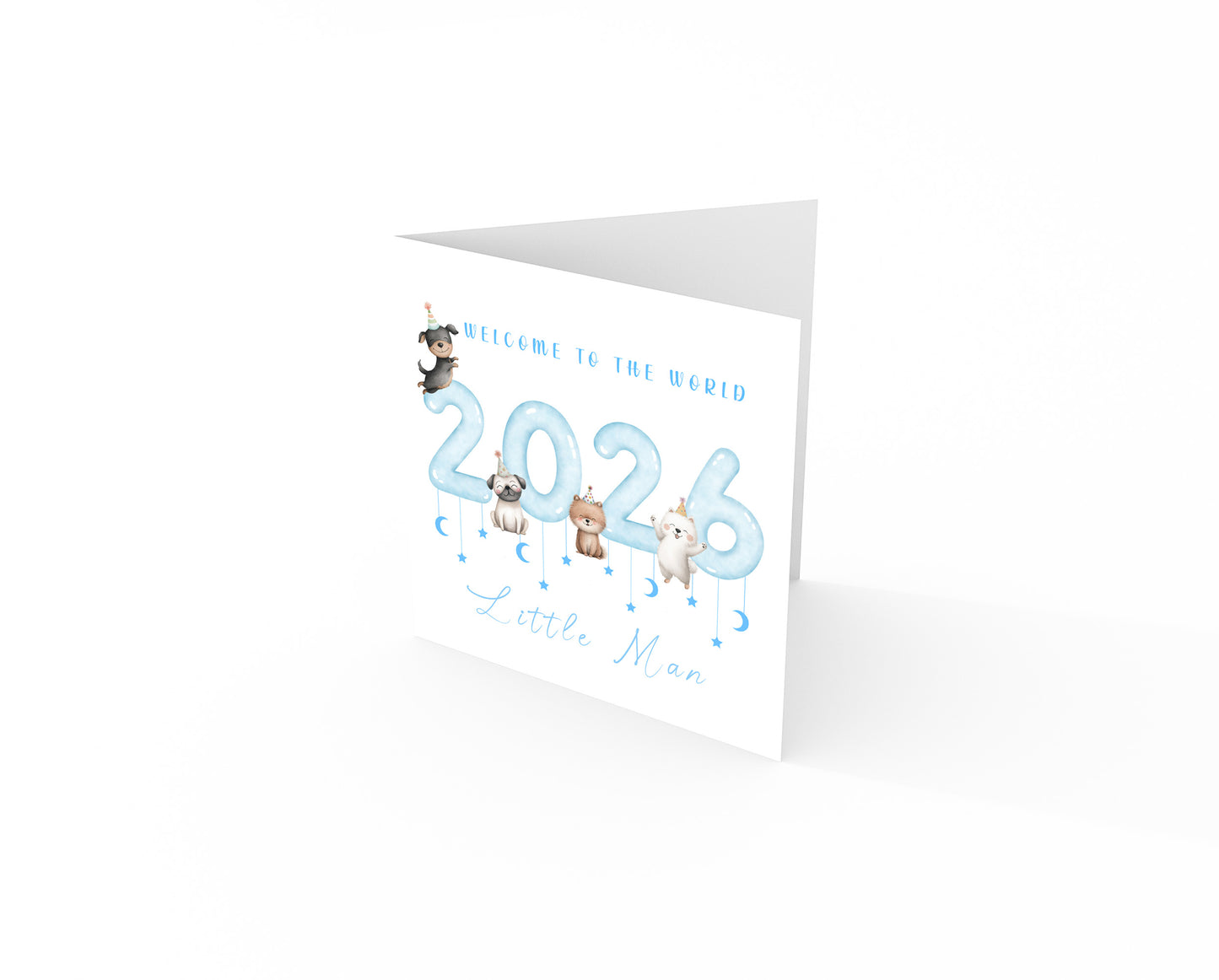 New Baby Boy Card Congratulations for Newborn Boy, Welcome To The World Card, Baby Shower Card for Son, Grandson, Nephew, Baby Boy, Little One - Cute Puppy Dogs Design - Blue Envelope Included