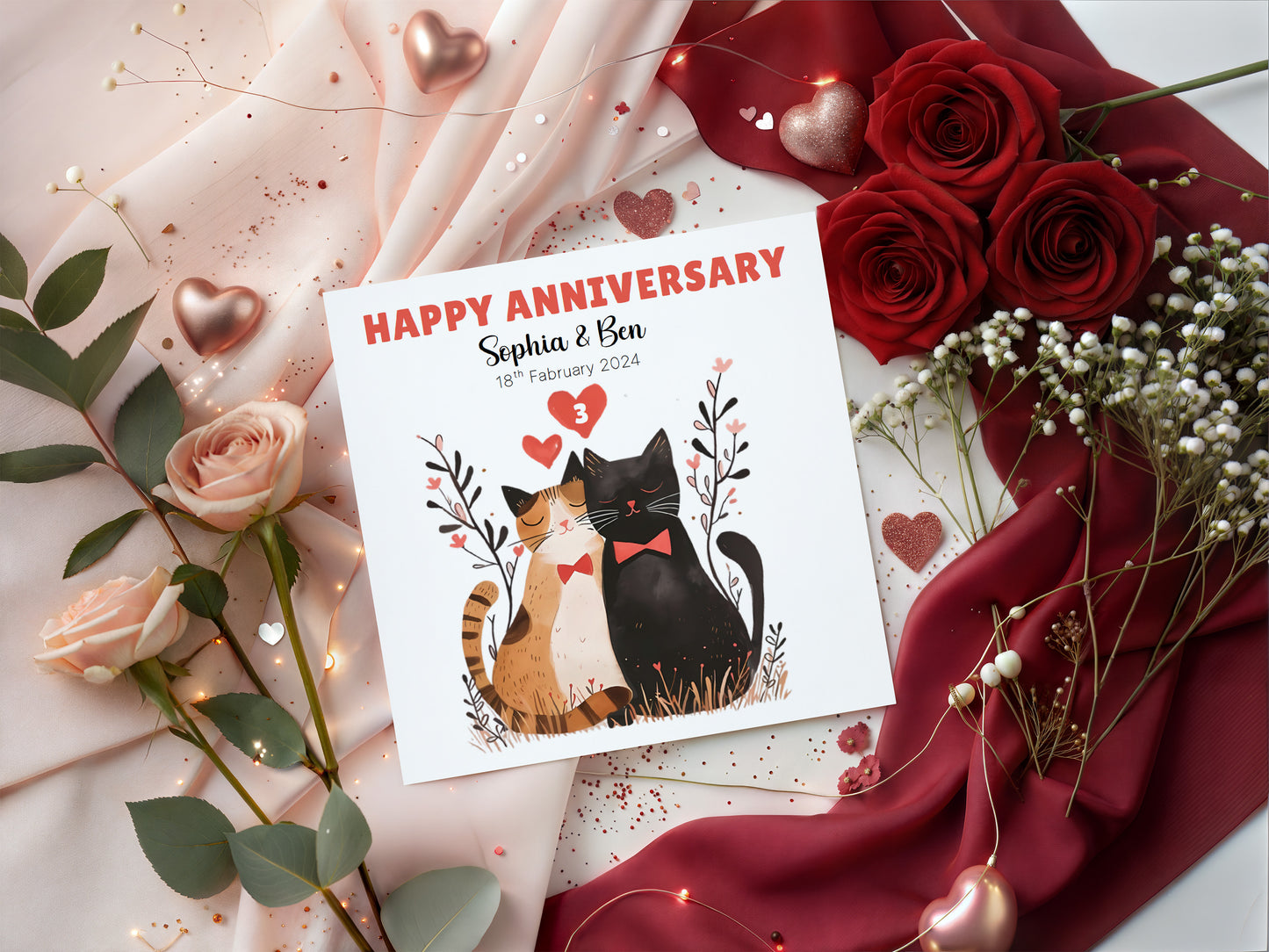 Personalised Cute Cats Anniversary Card - Custom Couple Names, Date and Years of Anniversary for Wedding, Dating, Relationship Milestones –1st, 2nd,10th, 20th - For Cat Lovers, Him, Her, Wife, Husband