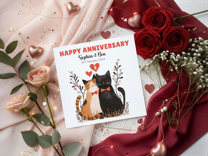 Personalised Cute Cats Anniversary Card - Custom Couple Names, Date and Years of Anniversary for Wedding, Dating, Relationship Milestones –1st, 2nd,10th, 20th - For Cat Lovers, Him, Her, Wife, Husband