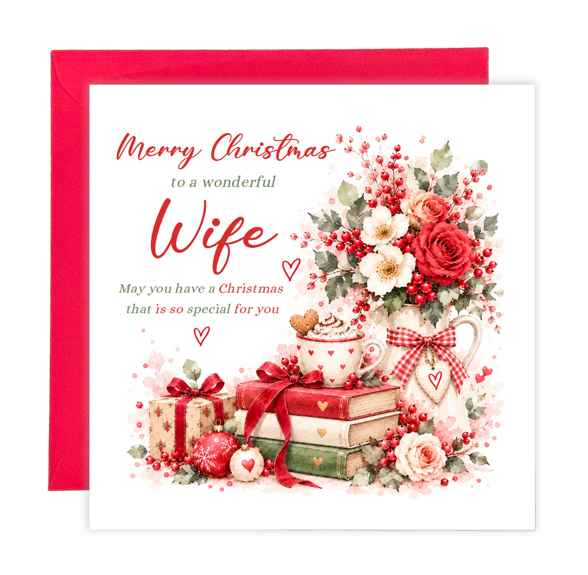Christmas Card for Wife – Romantic Red Roses & Festive Floral Design
