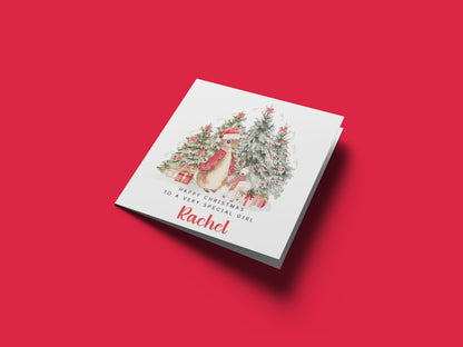 Personalised Christmas Card for Girls – Red Rabbit and Christmas Trees