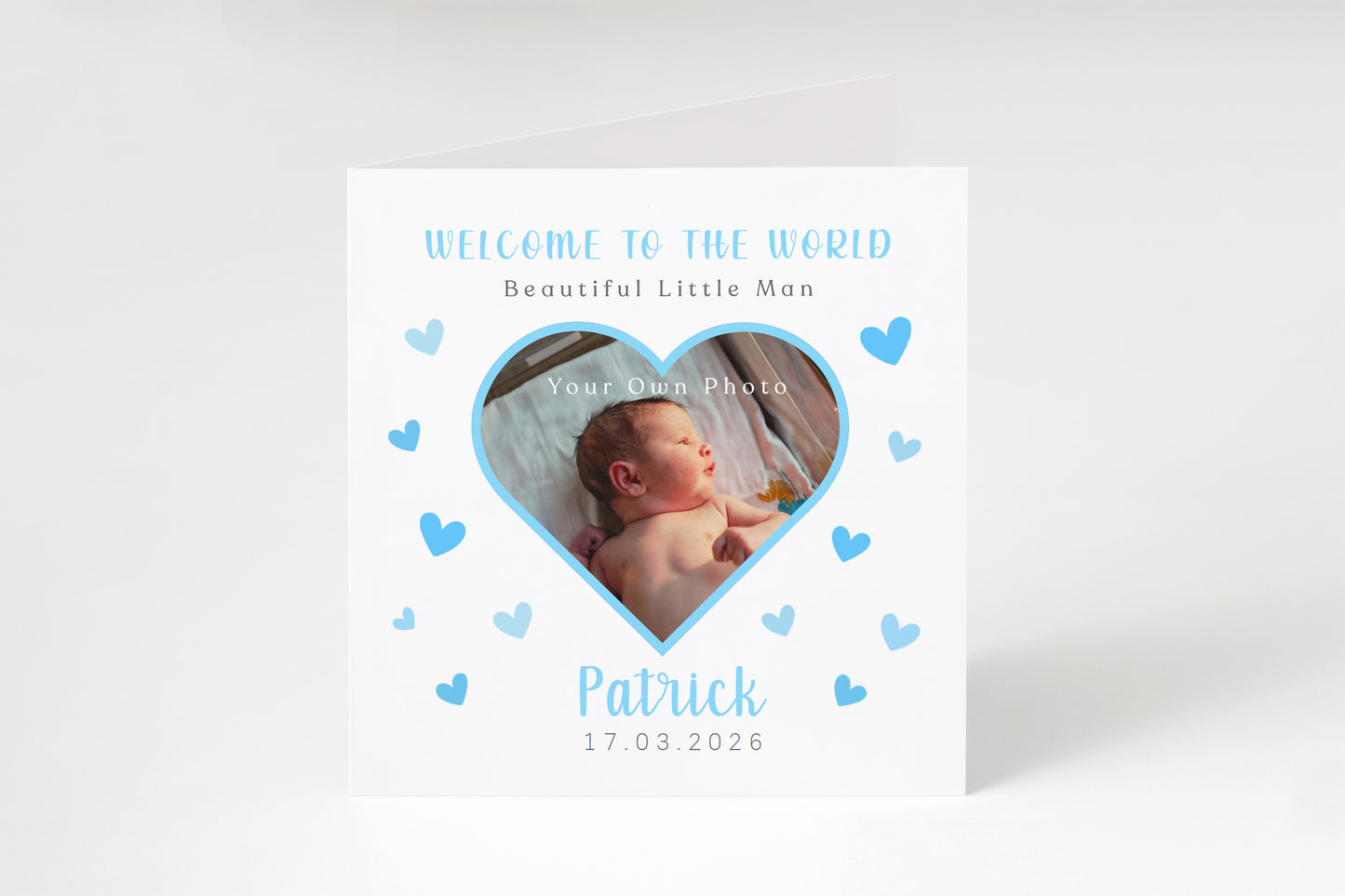 Personalised Photo New Baby Boy Card Congratulations for Newborn Boy, Welcome To The World Card, Baby Shower for Son, Grandson, Nephew, Heart Design with Custom Name, Date and Photo with Blue Envelope