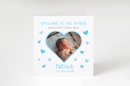 Personalised Photo New Baby Boy Card Congratulations for Newborn Boy, Welcome To The World Card, Baby Shower for Son, Grandson, Nephew, Heart Design with Custom Name, Date and Photo with Blue Envelope