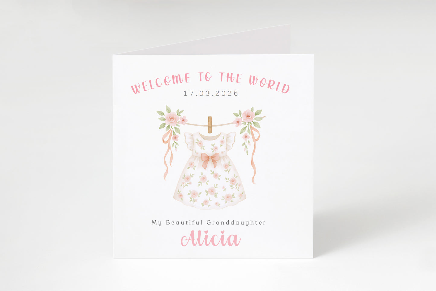 Personalised New Baby Girl Card Congratulations for Newborn Daughter, Granddaughter, Niece - Welcome To The World Card with Floral Dress Design - Custom Date, Message & Name with Pink Envelope
