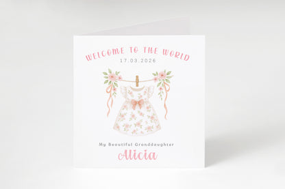 Personalised New Baby Girl Card Congratulations for Newborn Daughter, Granddaughter, Niece - Welcome To The World Card with Floral Dress Design - Custom Date, Message & Name with Pink Envelope