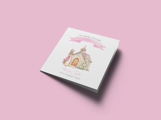 Personalised Christening Card for Girl – Custom Baptism Card with Message, Name & Date - Cute Bunny & Church Design – Baptism Card for Girls, Daughter, Granddaughter, Niece with Pink Envelope