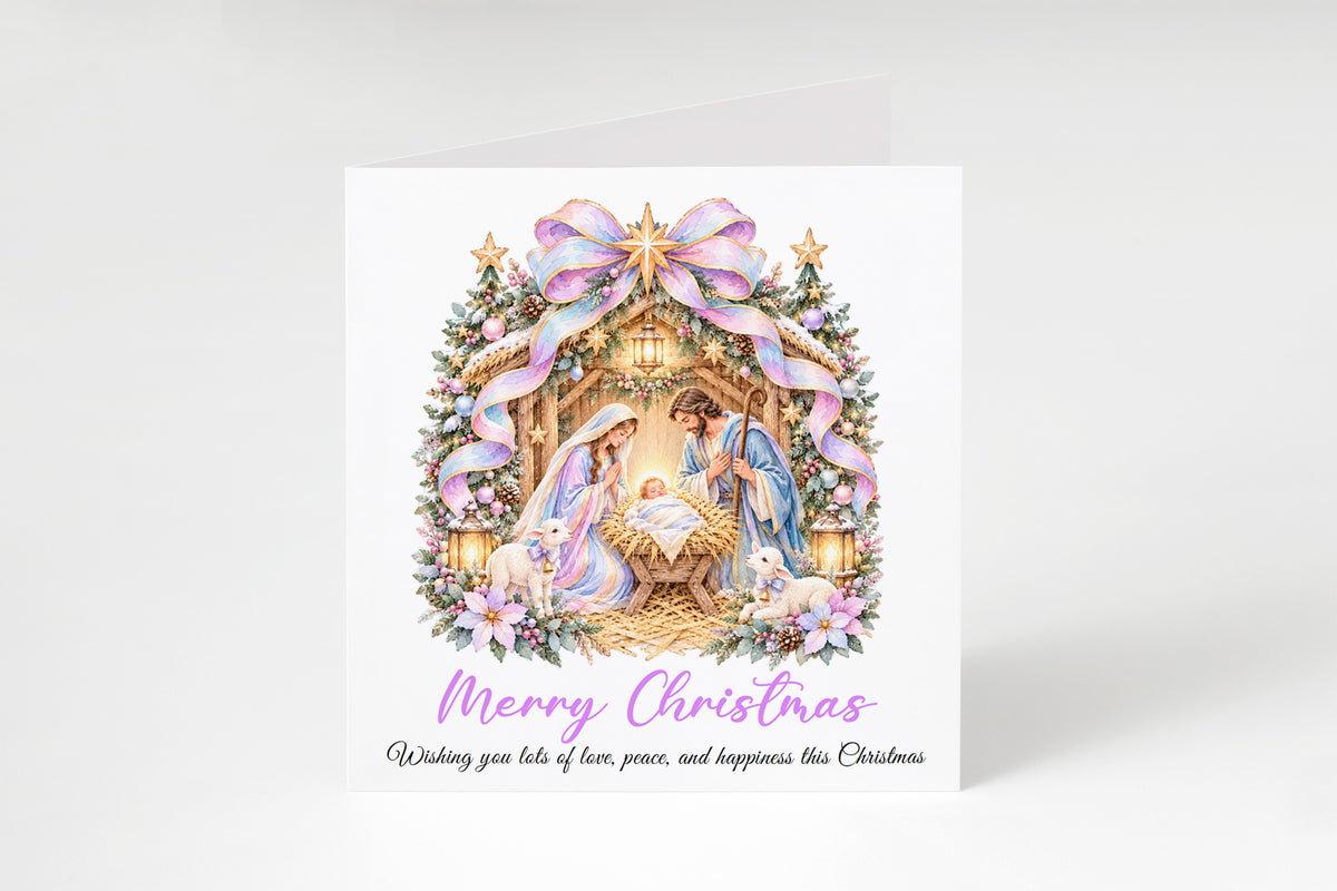 Pastel Nativity Christmas Card – Lilac & Pink Baby Jesus Greeting