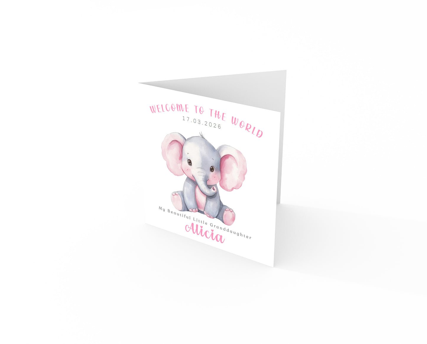 Personalised New Baby Girl Card Congratulations for Newborn Daughter, Granddaughter, Niece, Welcome To The World Card with Elephant Design with Custom Date, Message & Name with Pink Envelope