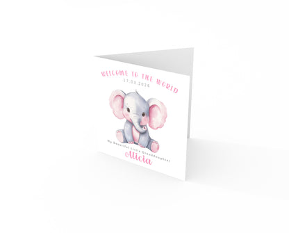 Personalised New Baby Girl Card Congratulations for Newborn Daughter, Granddaughter, Niece, Welcome To The World Card with Elephant Design with Custom Date, Message & Name with Pink Envelope