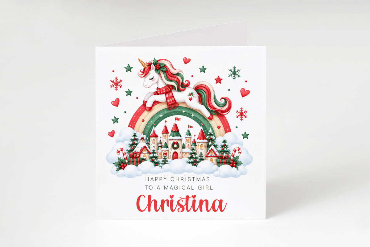 Personalised Christmas Card for Girls – Beautiful Magical Unicorn and Xmas Castle