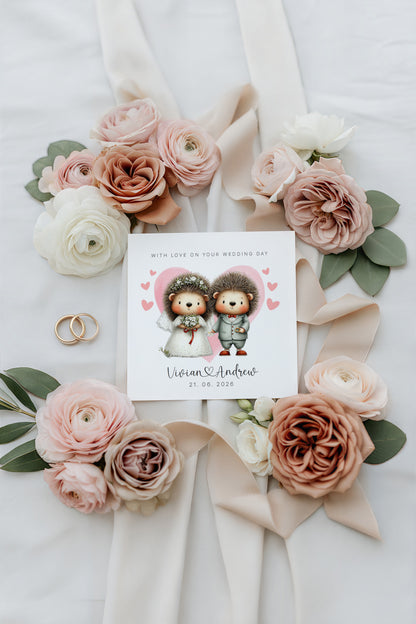Personalised Wedding Card with Custom Couple's Names & Wedding Date – Cute Hedgehog Design - Wedding Congratulations Card for Newlywed couples, Animal Lovers, Him or Her - Pink Envelope Included