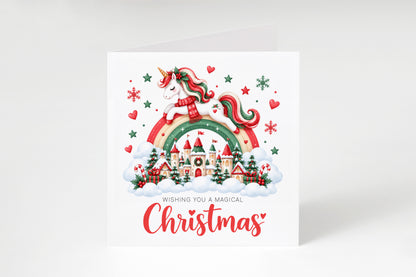 Merry Christmas Card for Girls – Beautiful Magical Unicorn and Xmas Castle
